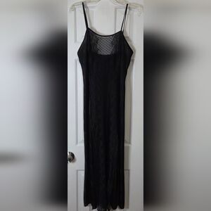 Women's Elegant Lace Satin Front Slits Chemise Cami Long Nightgown Black Size L